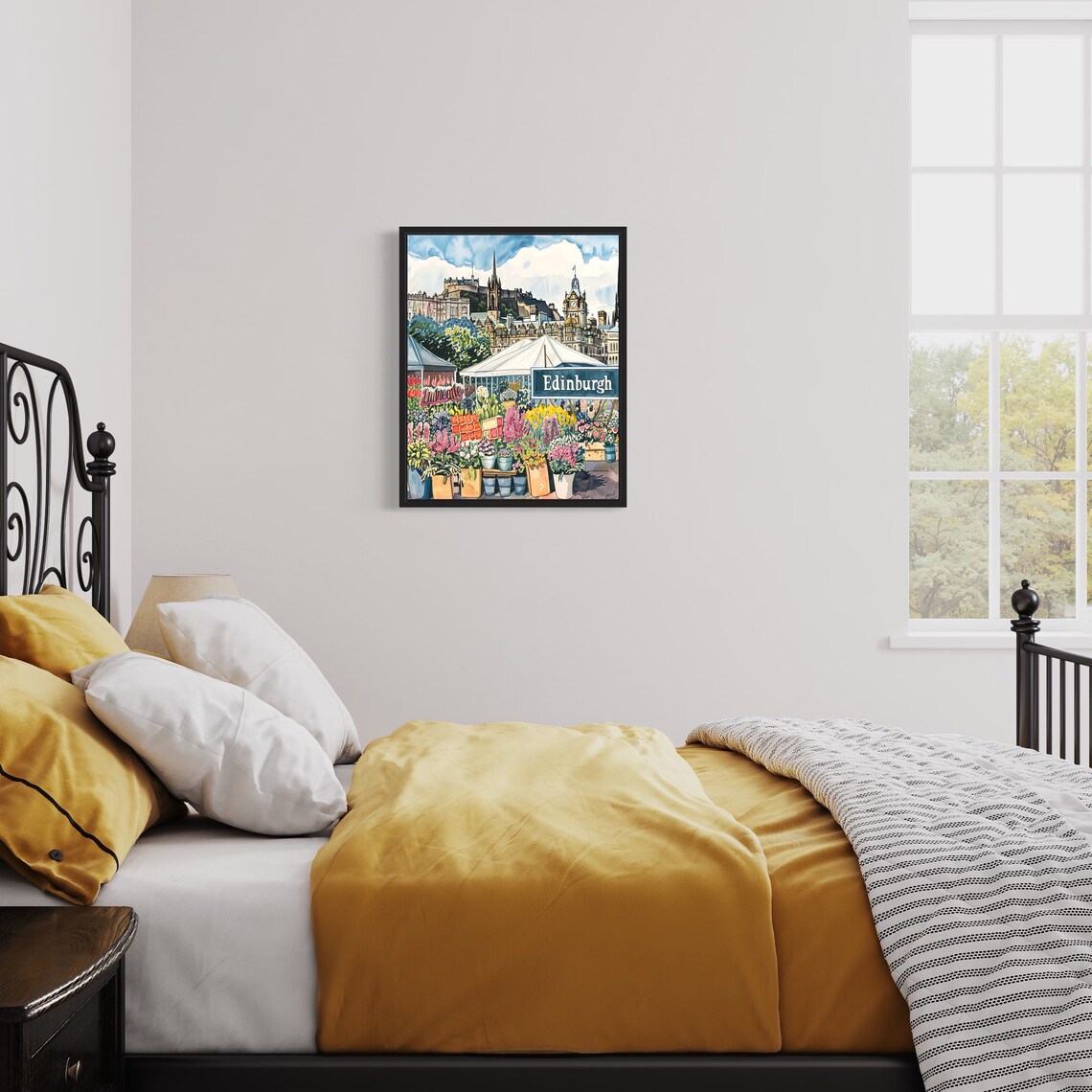 Edinburgh Scotland Castle Watercolor Flower Market Scene Poster - Image 3