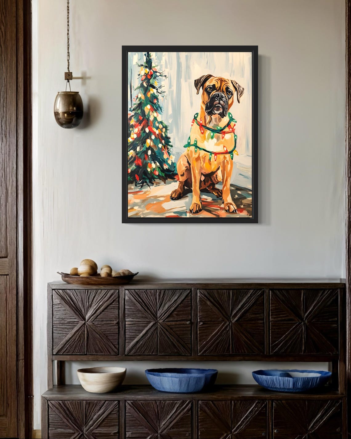 Bullmastiff Dog Wrapped in Red and Green Christmas Lights Poster - Image 2