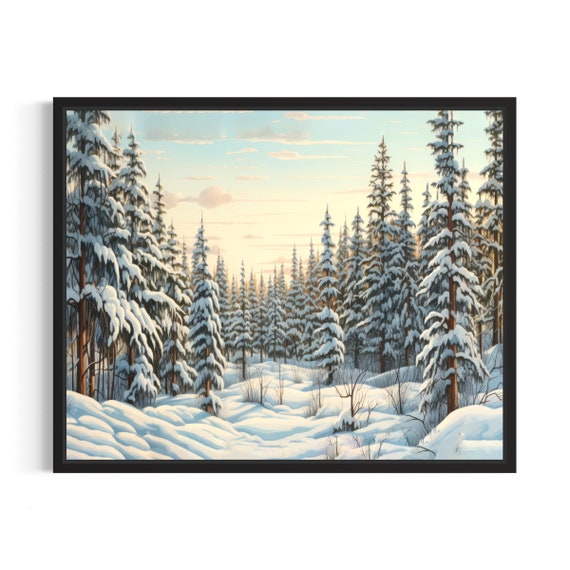 Winter Pine Tree Forest Poster Art Print Winter Scenery Artwork Wall Art Painting