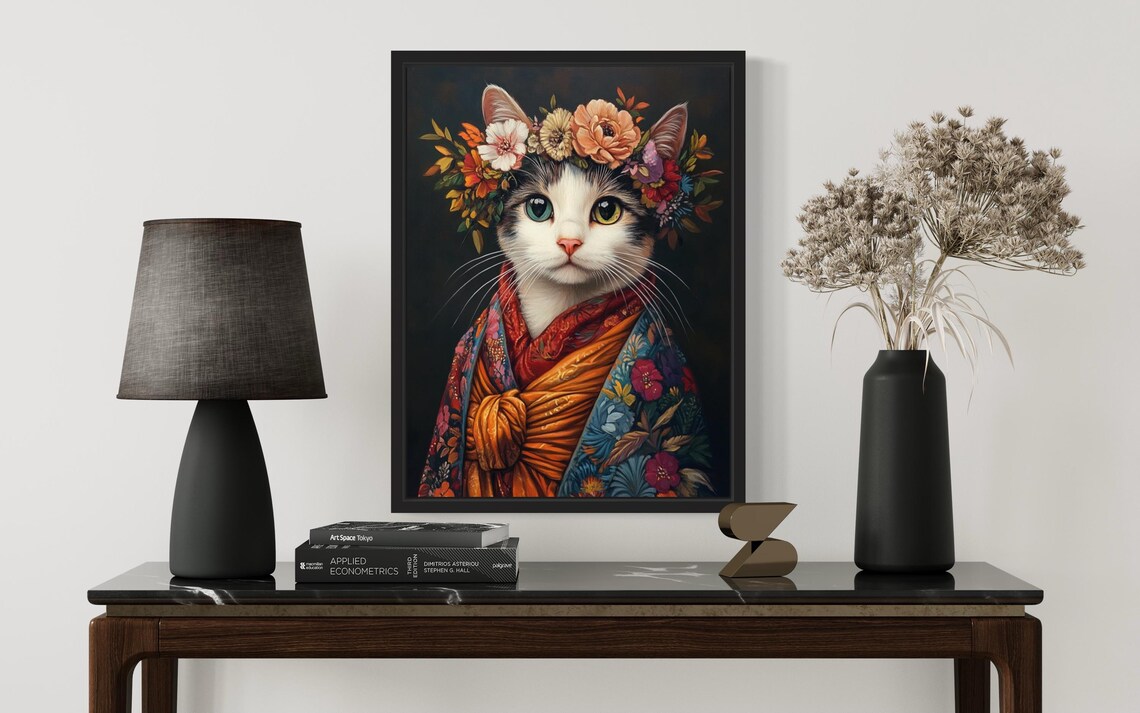 Cat Poster Art Print, Kimono and Flowers - Image 2
