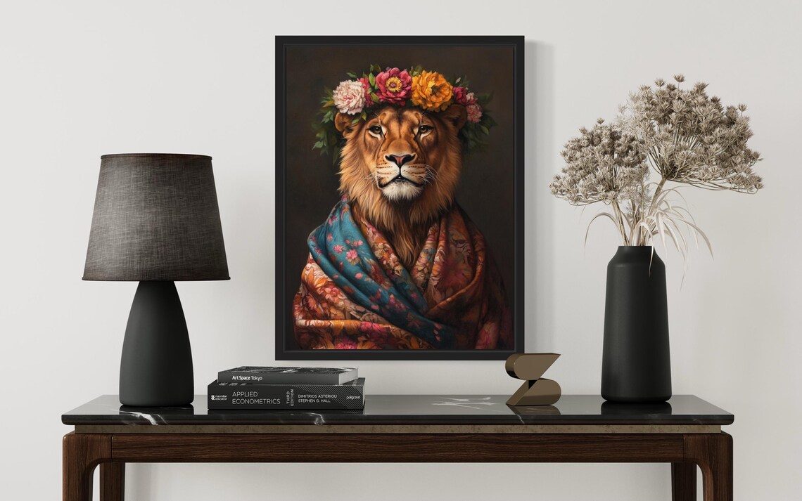 Male Lion With Flower Crown In Teal And Rust Floral Kimono Art Print - Image 2