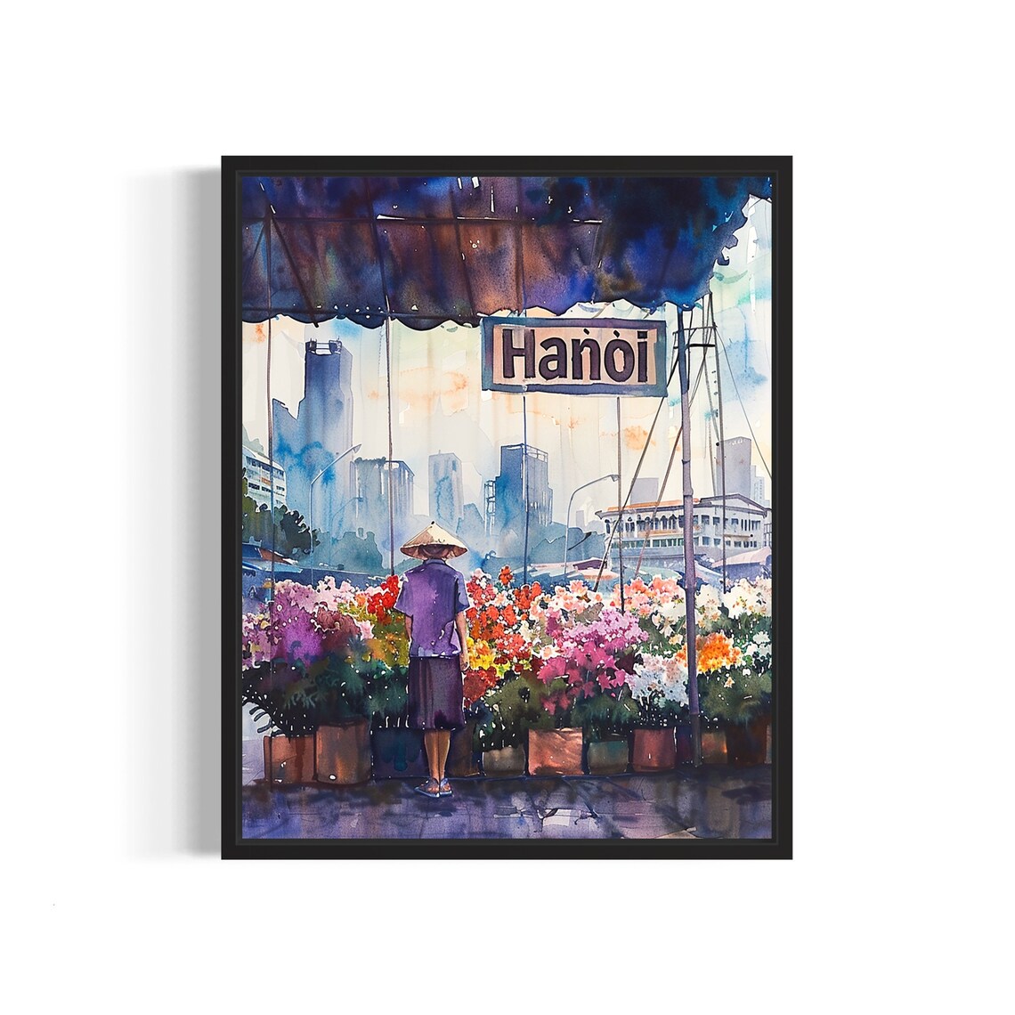 Hanoi Flower Vendor Rainy Street Watercolor City Scene Poster