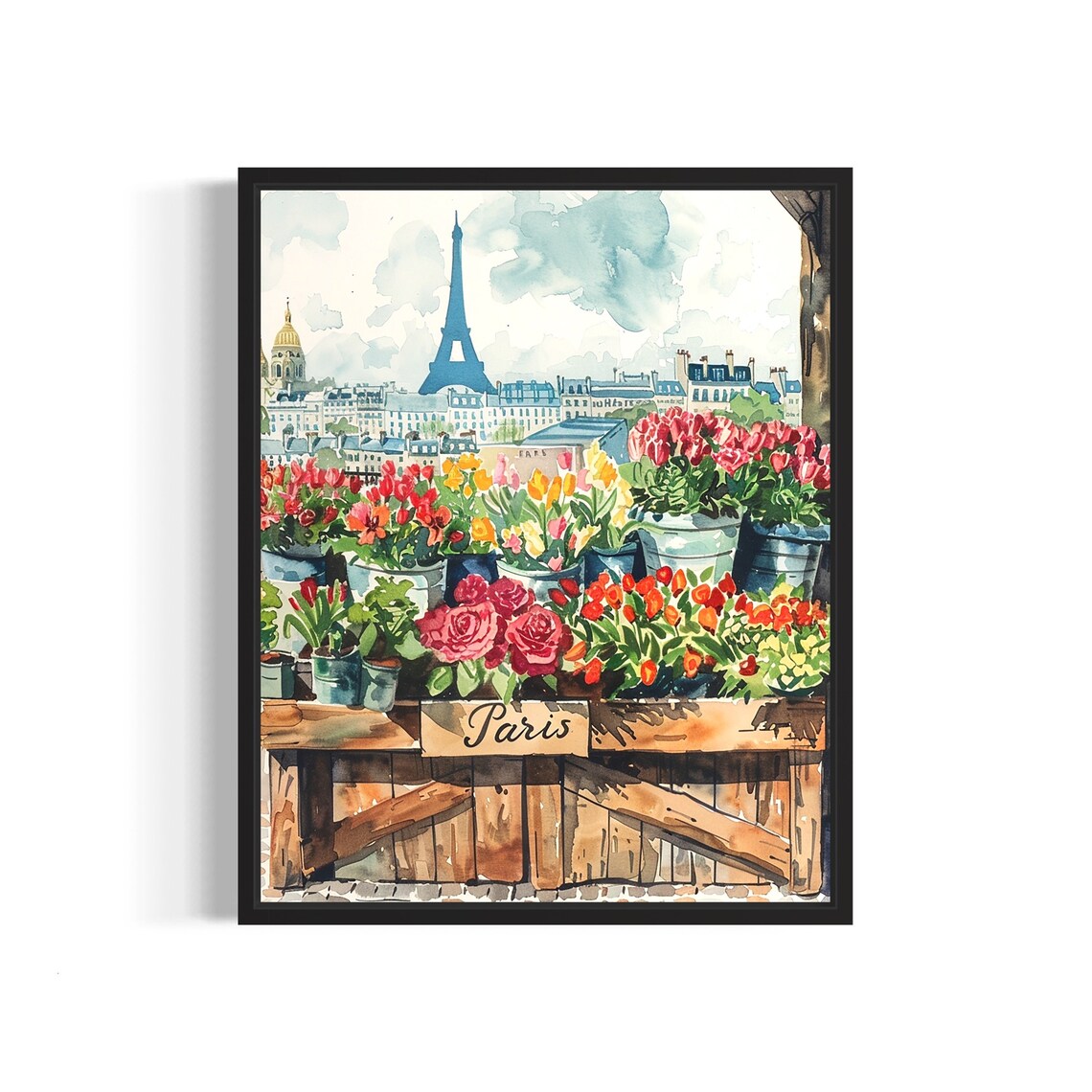 Paris France Eiffel Tower Watercolor Flower Market Scene Poster