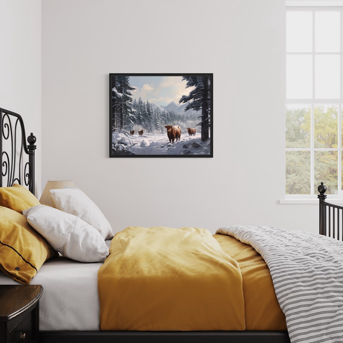Highland Cattle Herd in Snowy Forest Mountain Painting Poster - Image 2