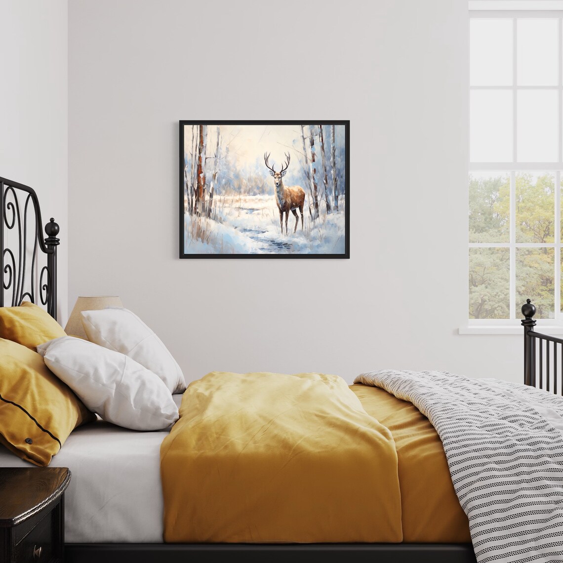Caribou Stag in Snowy Winter Forest Oil Painting Style Poster - Image 2