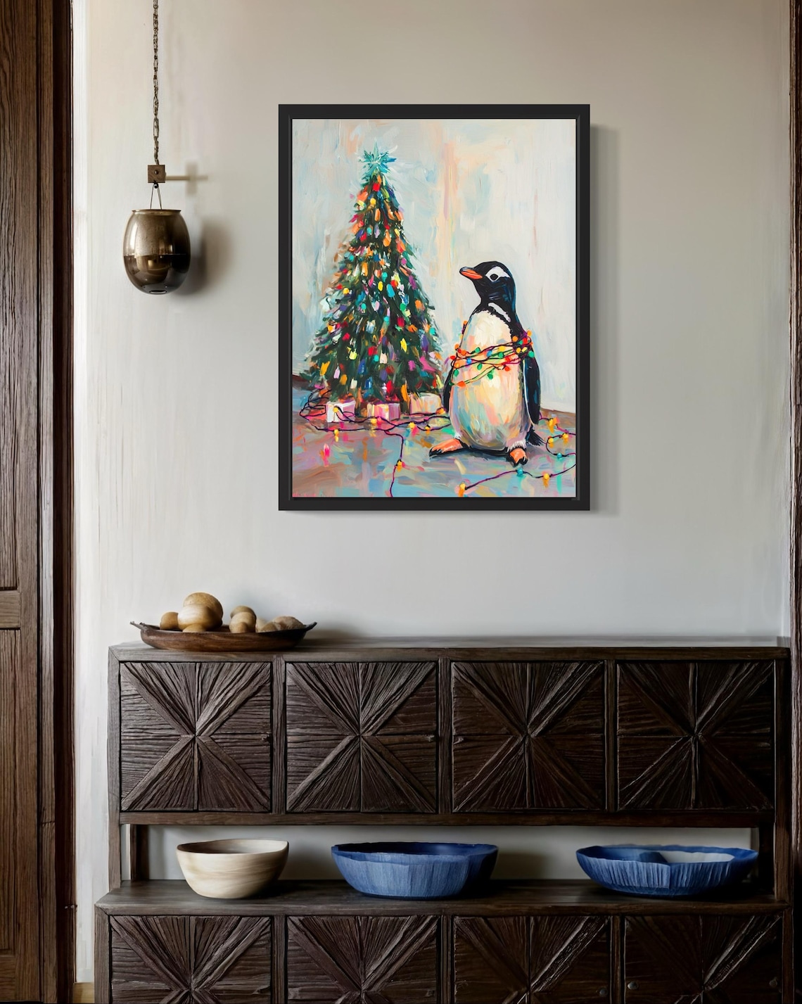 Penguin Tangled In Christmas Lights Art Print - Image 2