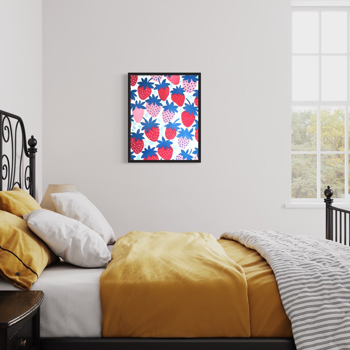 Strawberry Pattern Red Pink Blue Retro Fruit Kitchen Art Poster - Image 3