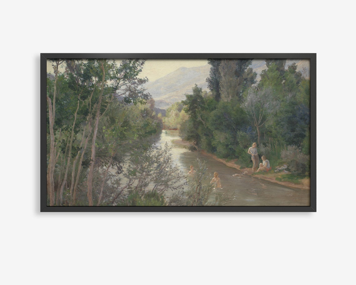 River Swimming Scene Watercolor Poster Bathers Forest Stream Art