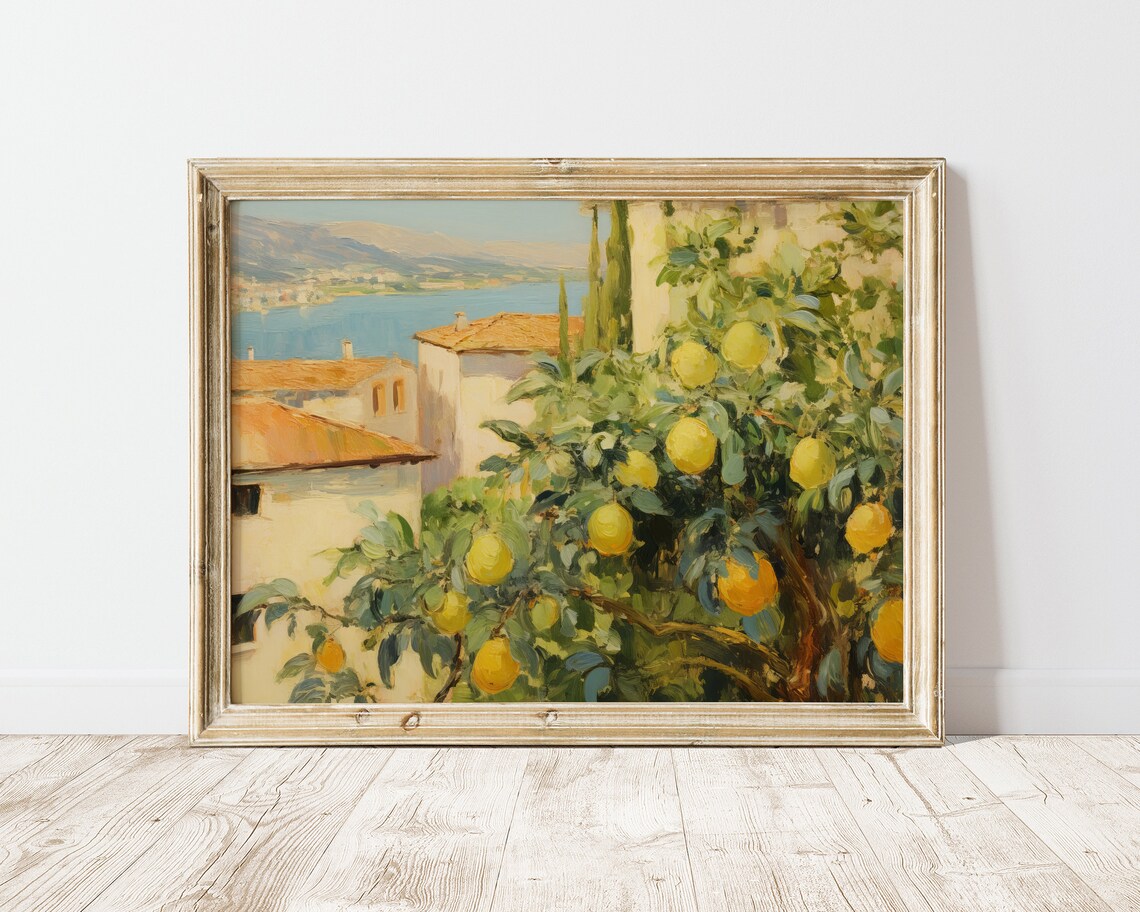 Italian Lemon Tree Coastal Village Vintage Oil Painting Poster - Image 2
