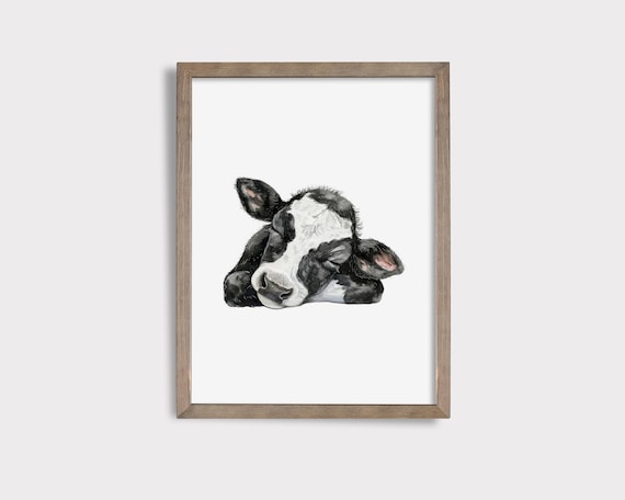 Sleeping Baby Cow Calf Black White Watercolor Nursery Wall Art