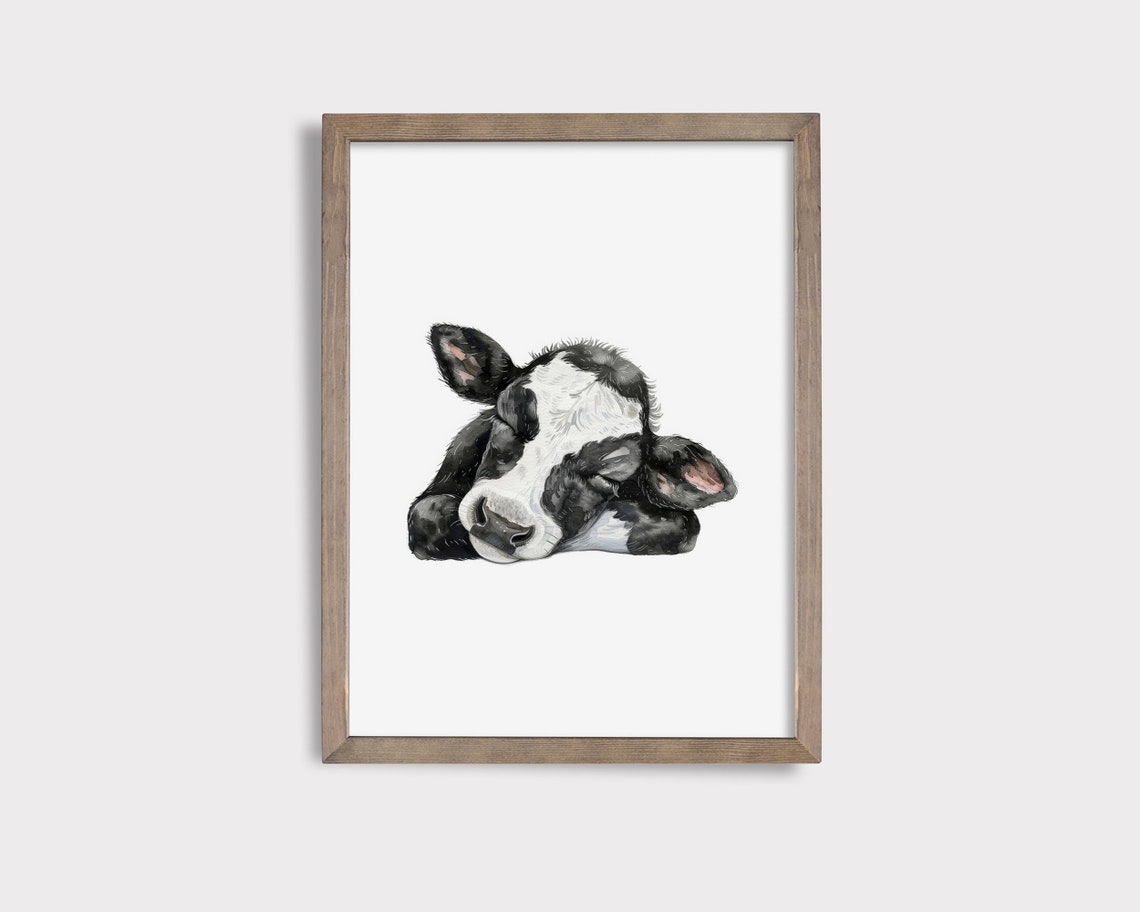 Sleeping Baby Cow Calf Black White Watercolor Nursery Wall Art