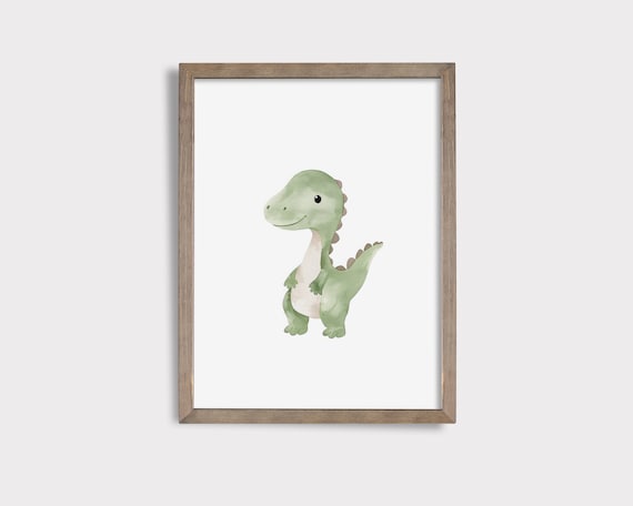 Adorable Green Baby Dinosaur Watercolor Dino Nursery Decor Poster