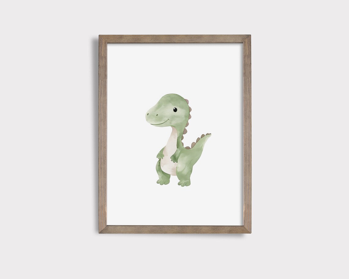 Adorable Green Baby Dinosaur Watercolor Dino Nursery Decor Poster