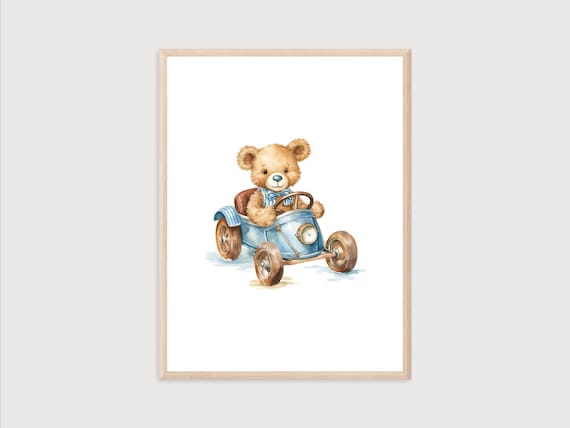 Adorable Teddy Bear Driving a Vintage Blue Toy Car Nursery Poster