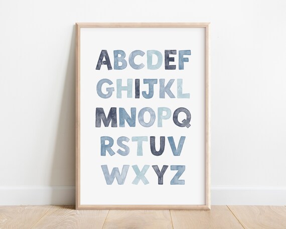 Blue Watercolor Alphabet Letters A to Z Nursery Learning Poster