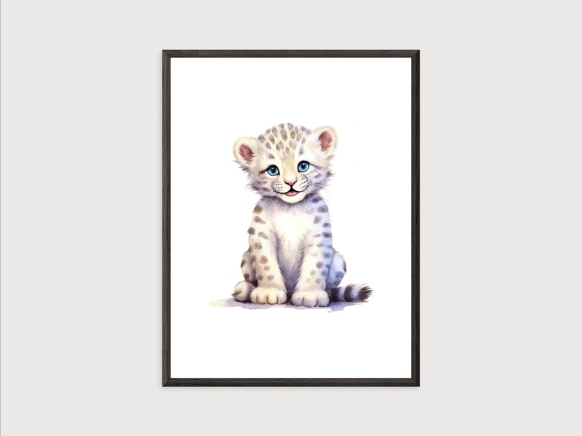 Baby Snow Leopard Watercolor Nursery Animal Art Print - Image 2