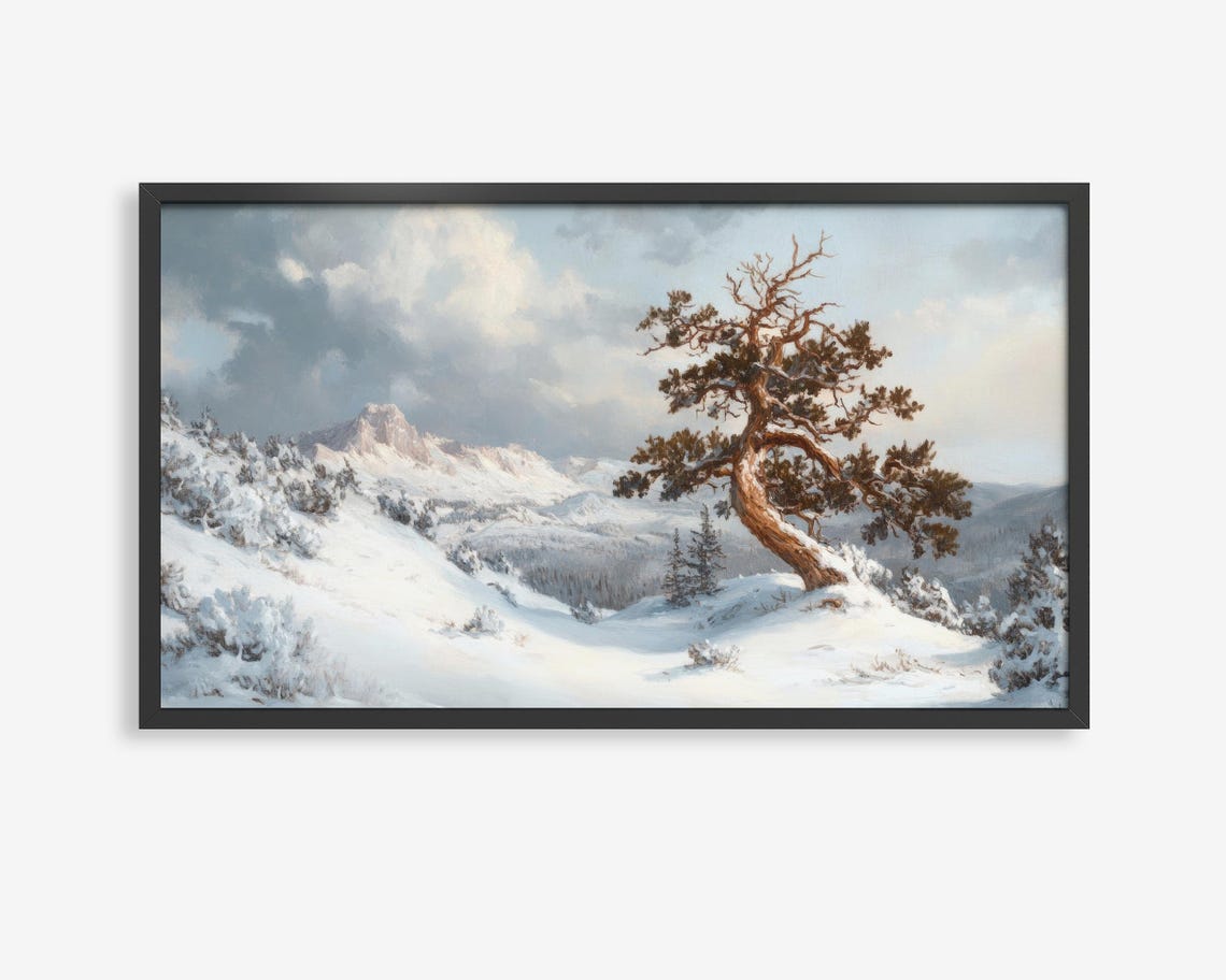 Snowy Mountain Lone Pine Tree Winter Scene Frame TV Art Poster