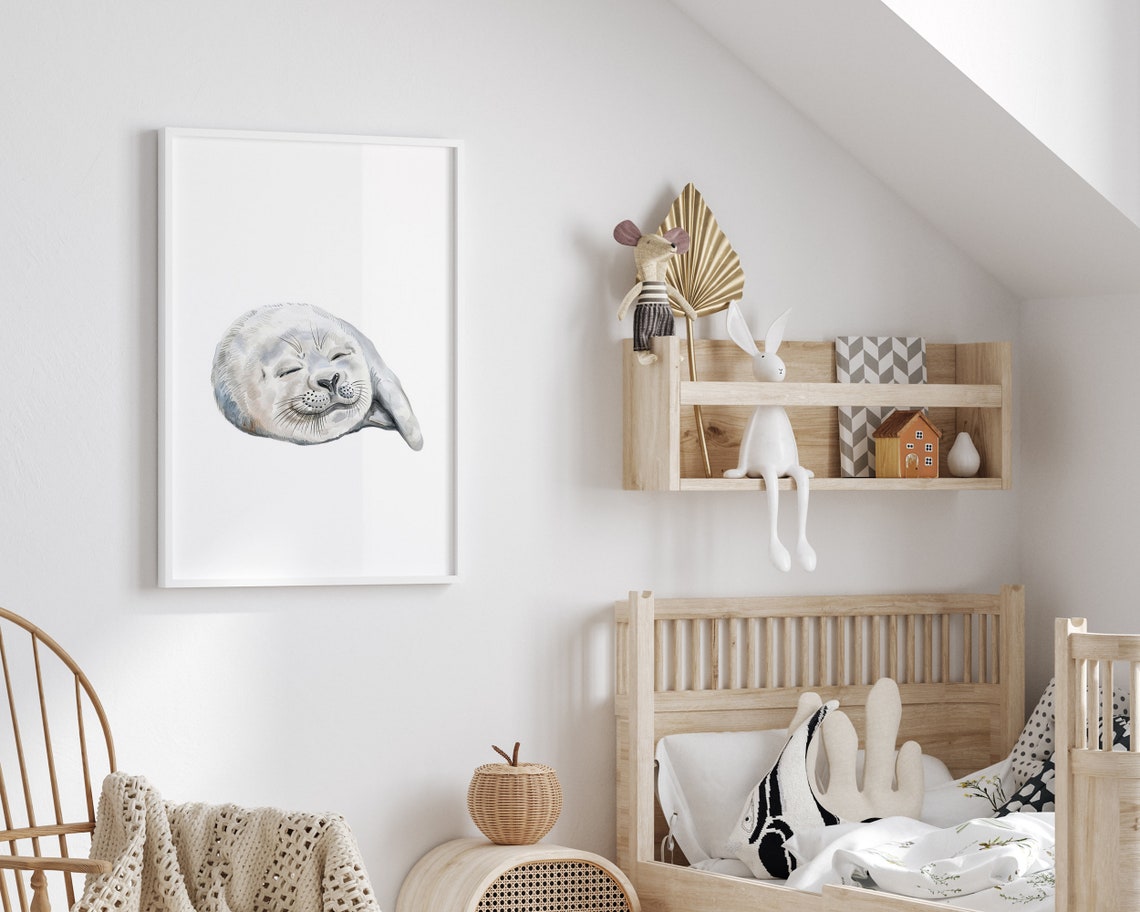 Sleeping Baby Seal Watercolor Cute Arctic Animal Nursery Wall Poster - Image 2