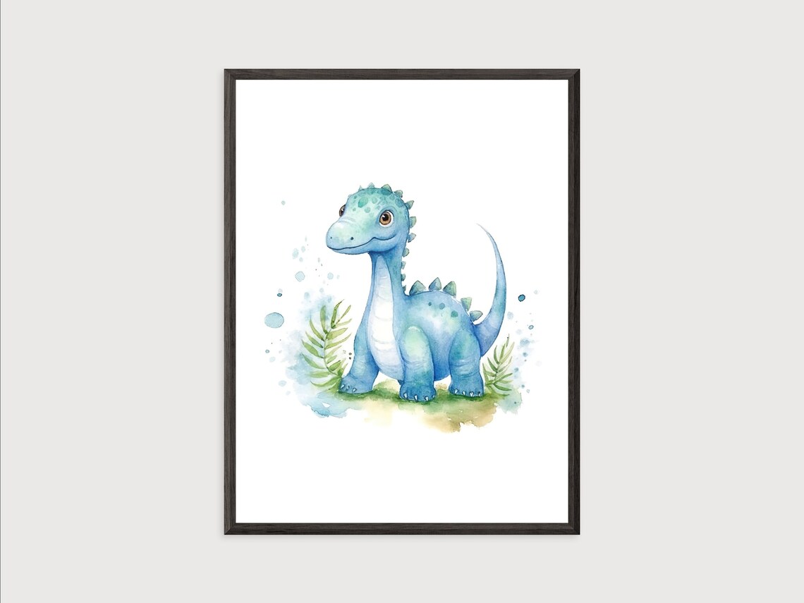 Adorable Blue Baby Dinosaur Cute Watercolor Nursery Wall Art - Image 2