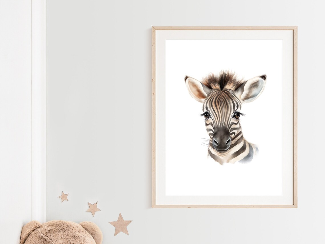 Baby Zebra Face Cute Watercolor Portrait Safari Nursery Wall Art - Image 2