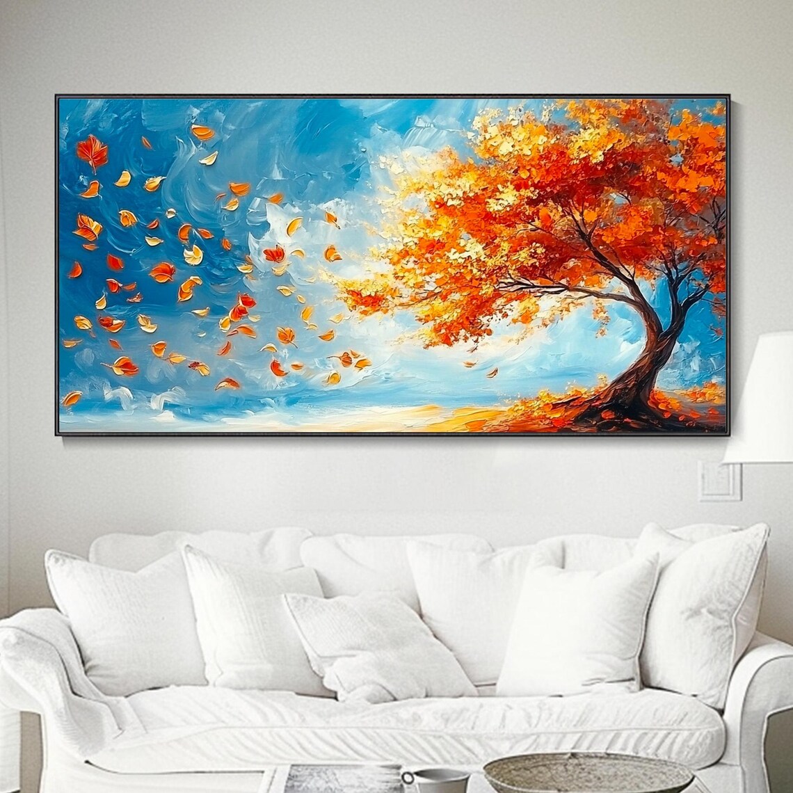 Autumn Orange Tree With Falling Leaves Blue Sky Painting Poster