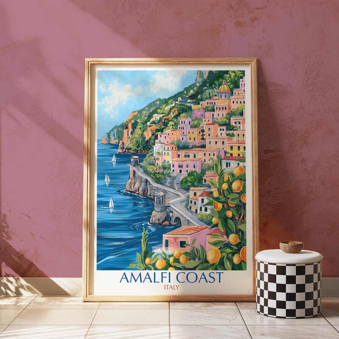 Amalfi Coast Italy Travel Poster, Mediterranean Village