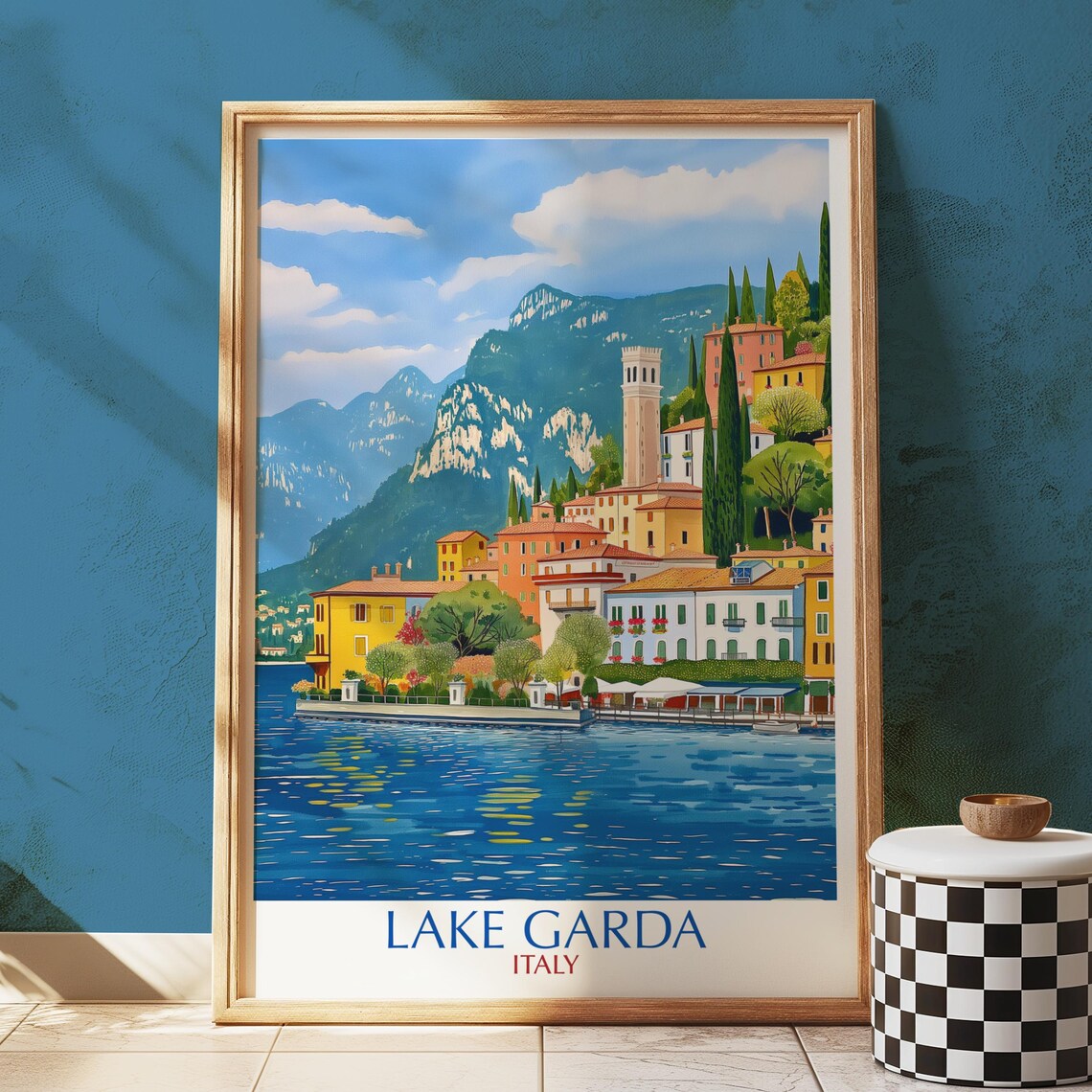 Lake Garda Italy Lakeside Village Mountains Illustrated Travel Poster