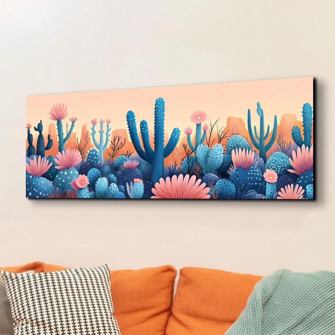 Desert Cactus Bloom Scene Pink Flowers Golden Sky Art Poster