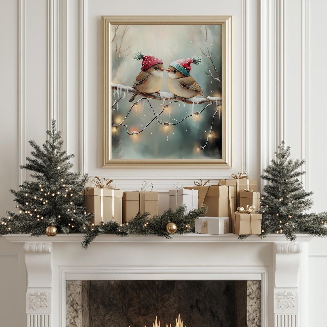 Cute Two Birds in Winter Hats on Snowy Branch Christmas Art Print - Image 3