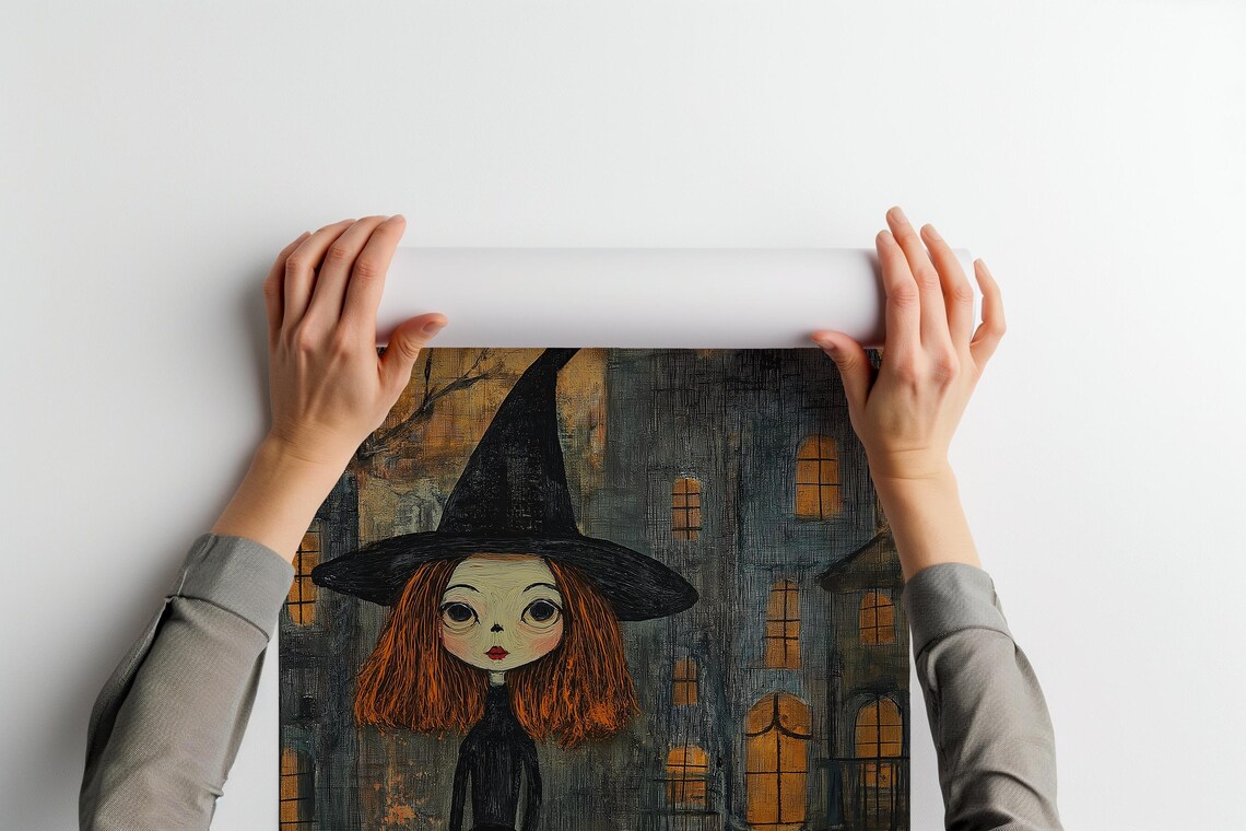 Abstract Halloween Folk Art Folk Art Witch Print Halloween Town Witch Art Cute Halloween Wall Decor - Image 2
