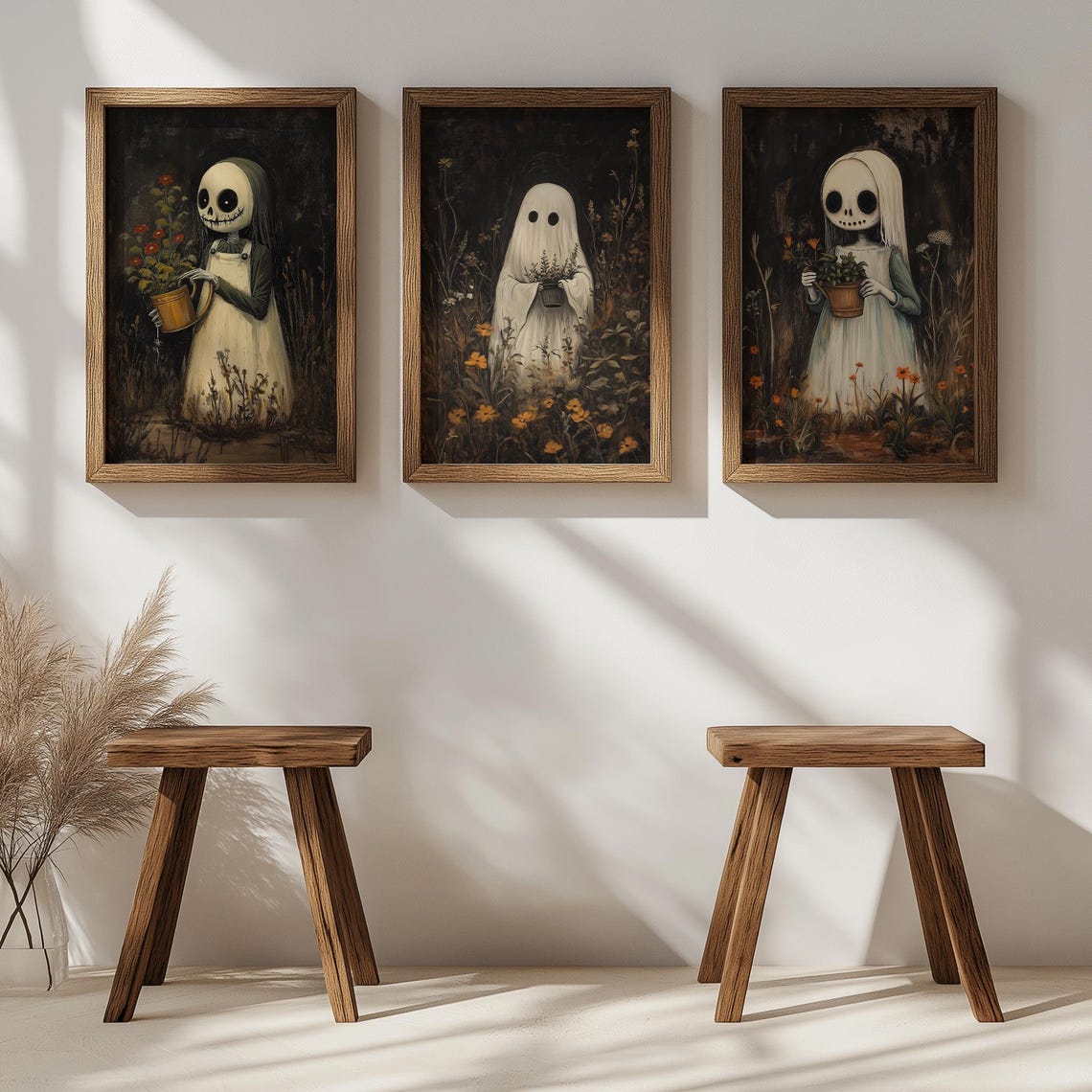 Halloween Ghost Garden Triptych Set Of Three Spooky Art Poster - Image 3
