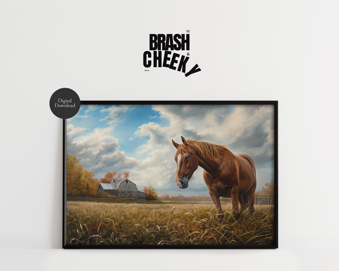 Chestnut Horse in Golden Wheat Field Barn Autumn Farmhouse Wall Art