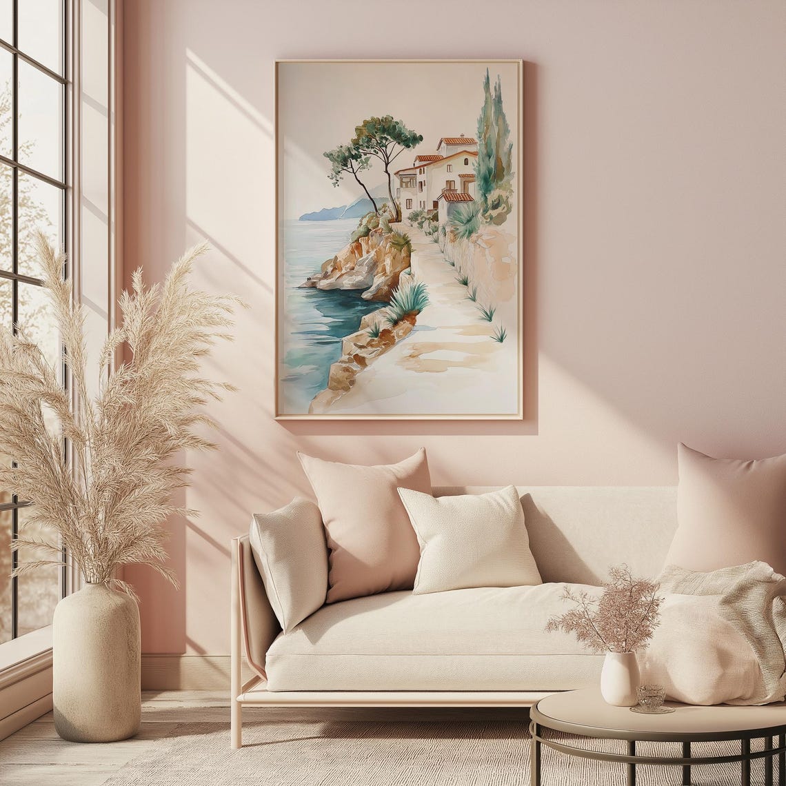 Sunlit Cliffside Villa Over Turquoise Water Coastal Decor Wall Art