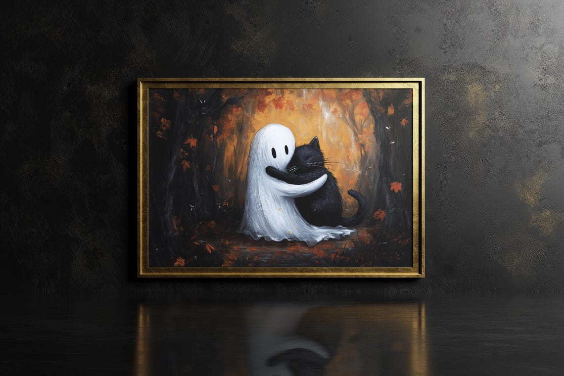 Ghost Hugging Black Cat Cozy Autumn Forest Halloween Decor Wall Art - Image 3
