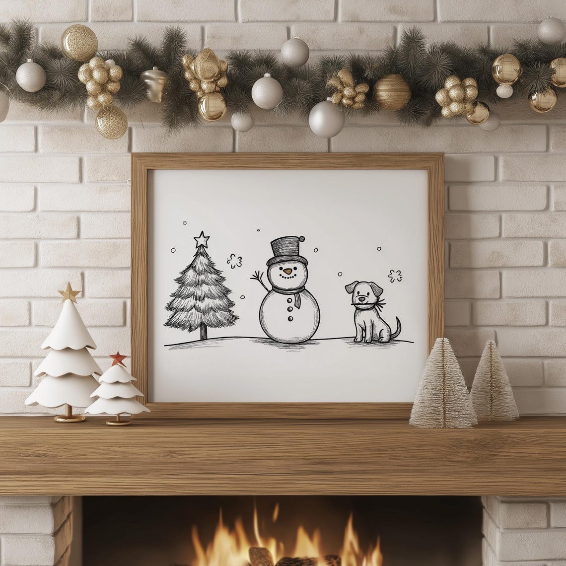 Cute Snowman With Dog Black and White Sketch Christmas Print - Image 3