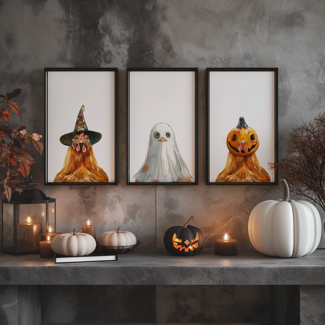 Halloween Chicken Trio Watercolor Set Witch Ghost Pumpkin Mantel Wall Art - Image 2