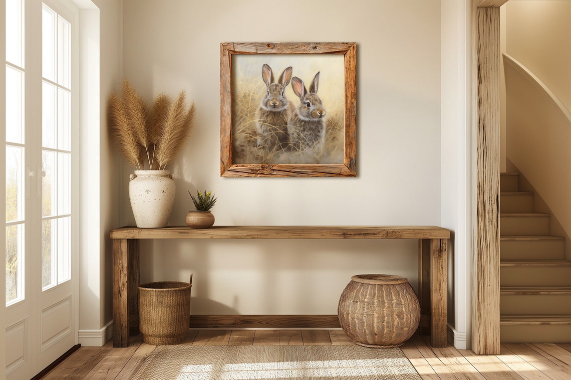 Two Rabbits in Golden Wheat Field Soft Watercolor Wildlife Wall Art - Image 2