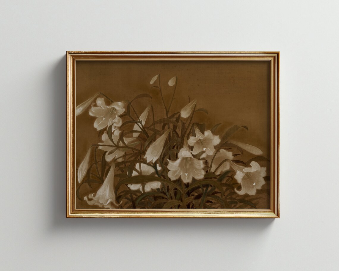 Moody Vintage White Lily Botanical Oil Painting Floral Art Print - Image 3