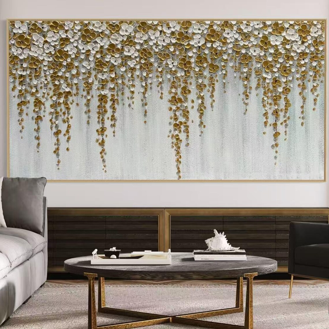 Cascading Gold and White Blossom Wisteria Vines Textured Poster