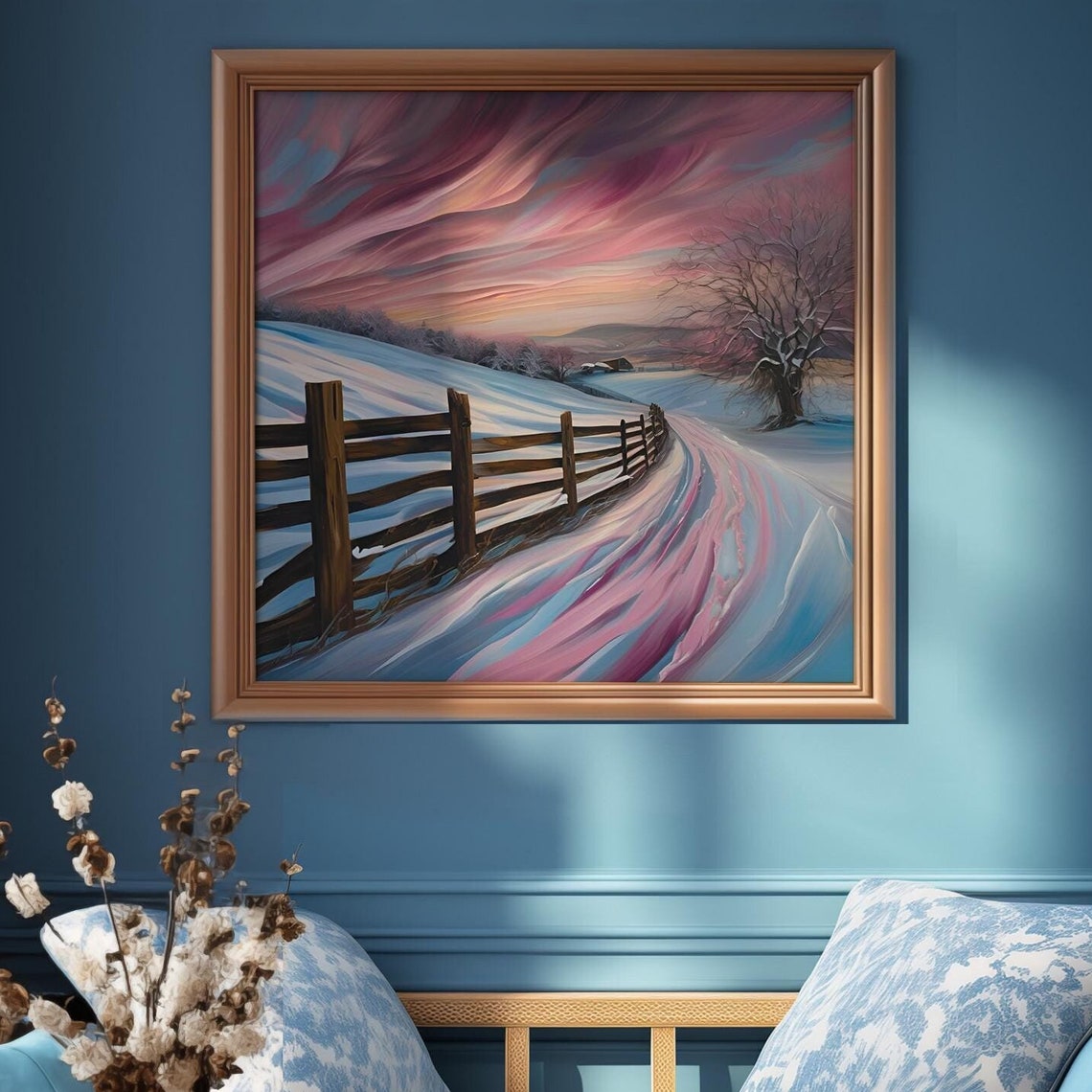 Winter Fenceline Snowy Field Pink Sky Dreamlike Landscape Poster