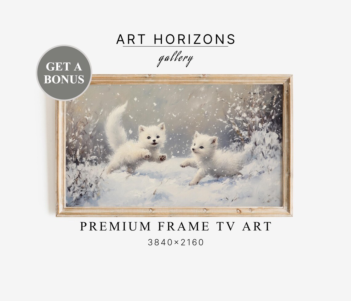 Arctic Fox Kits Playing Snowfall Vintage Wildlife Art Cute Winter Poster