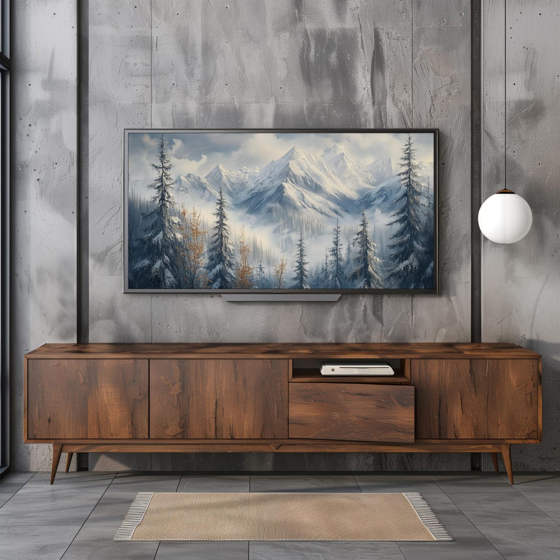 Majestic Snowy Mountain Peaks Pine Forest Misty Valley Winter Poster - Image 2