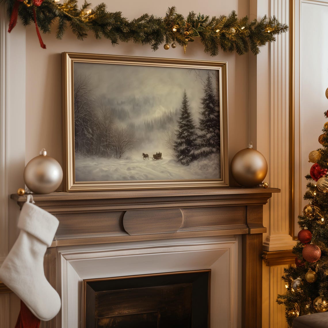Country Winter Sleigh Ride Painting Wall Art Antique Oil Painting Art Vintage Holiday Farmhouse Print A209 - Image 4