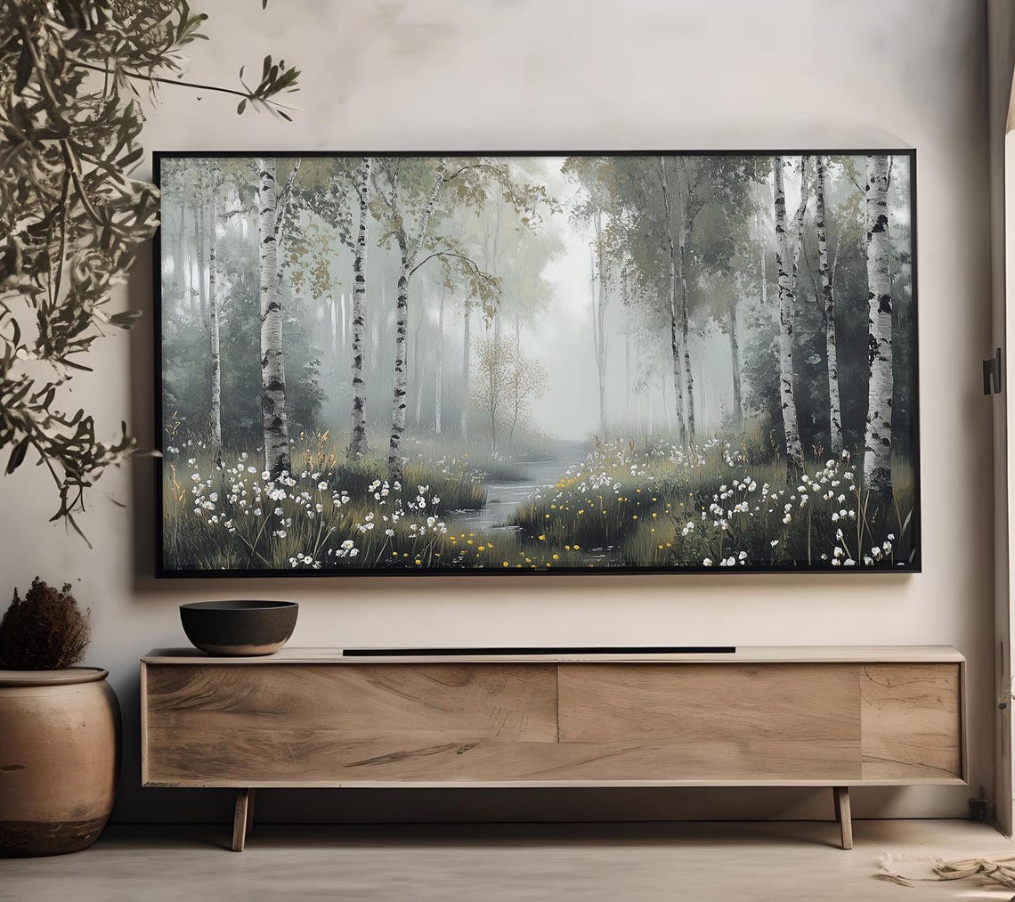 Misty Birch Forest With Wildflower Meadow Premium Frame TV Art Poster - Image 4