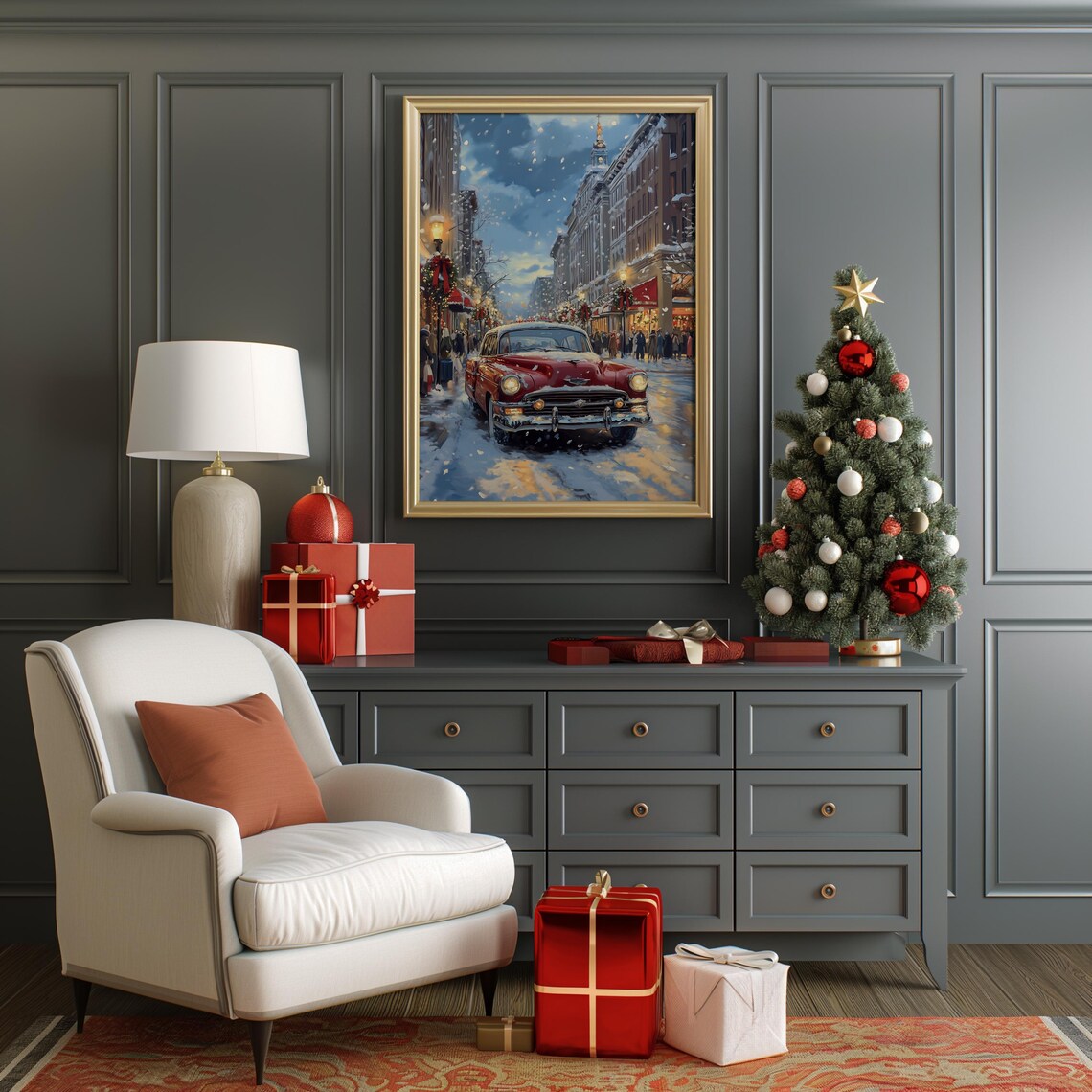 Vintage Red Car Snowy City Street Christmas Lights Evening Poster - Image 2