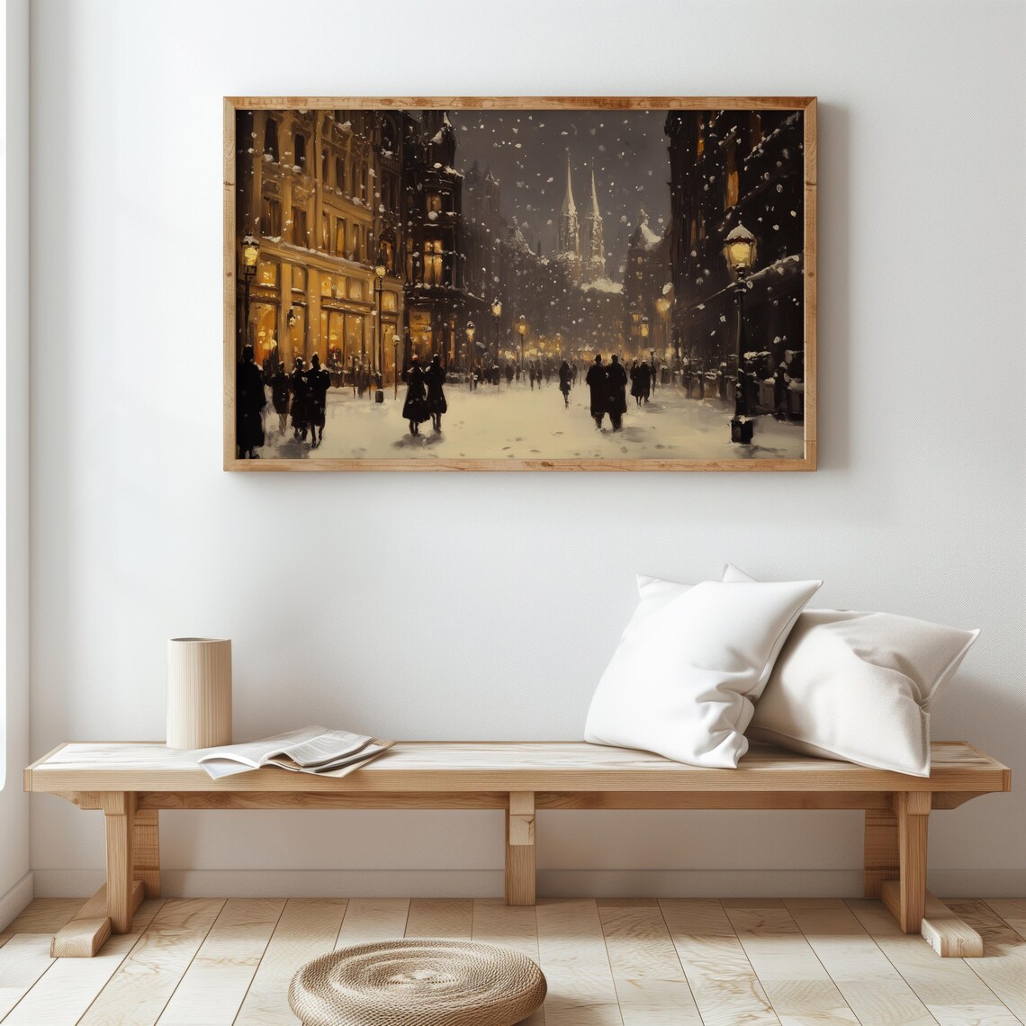 Snowy European Old Town Street Night Glowing Gas Lamps Vintage Poster - Image 3