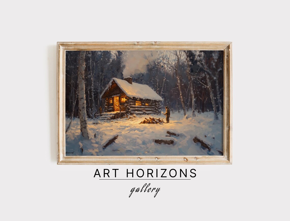 Log Cabin Night Glowing Windows Woodpile Snowy Forest Winter Poster