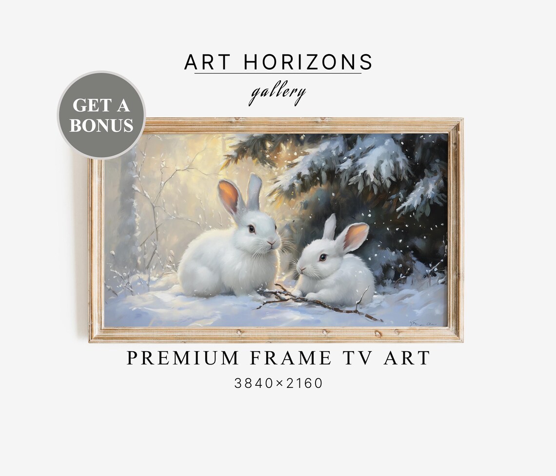 Two White Rabbits Snowy Pine Winter Glow Cute Vintage Animal Poster