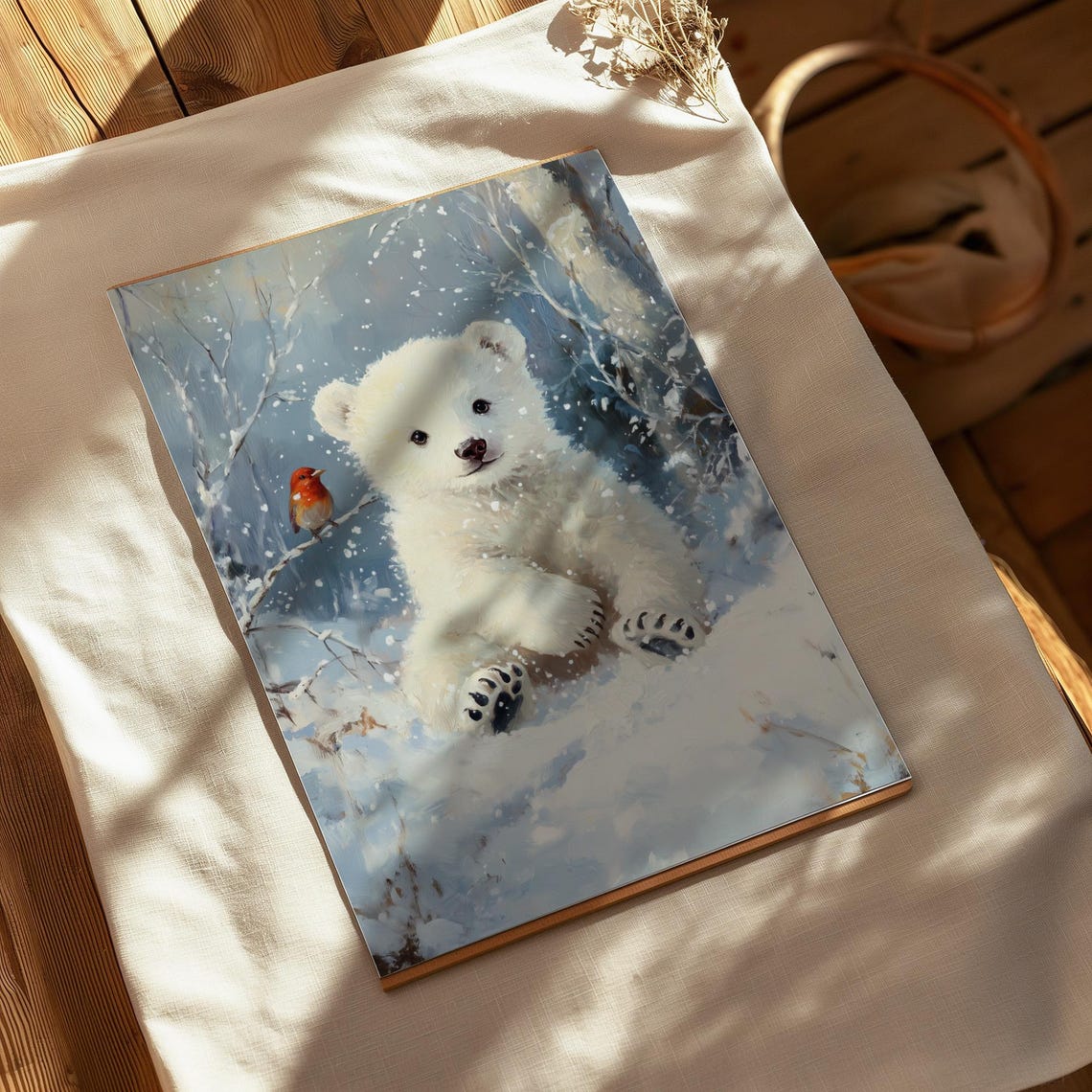 White Polar Bear Cub Snowy Forest Red Bird Winter Kids Wall Art Print - Image 4