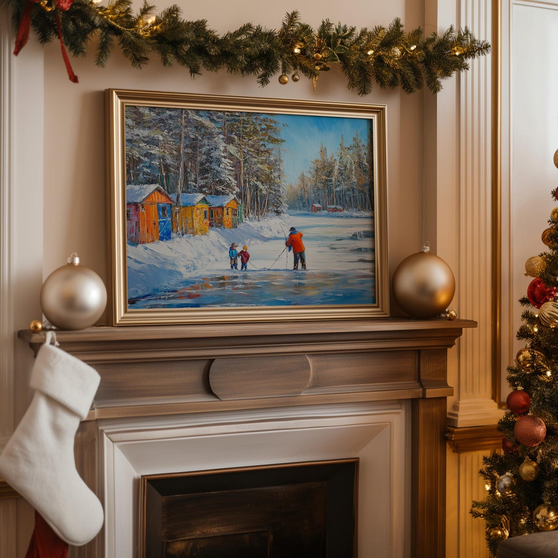 Vintage Winter Family Fishing Wall Art Neutral Christmas Art Rustic Ice Fishing Scene Winter Lake Landscape Holiday Art A91 - Image 4